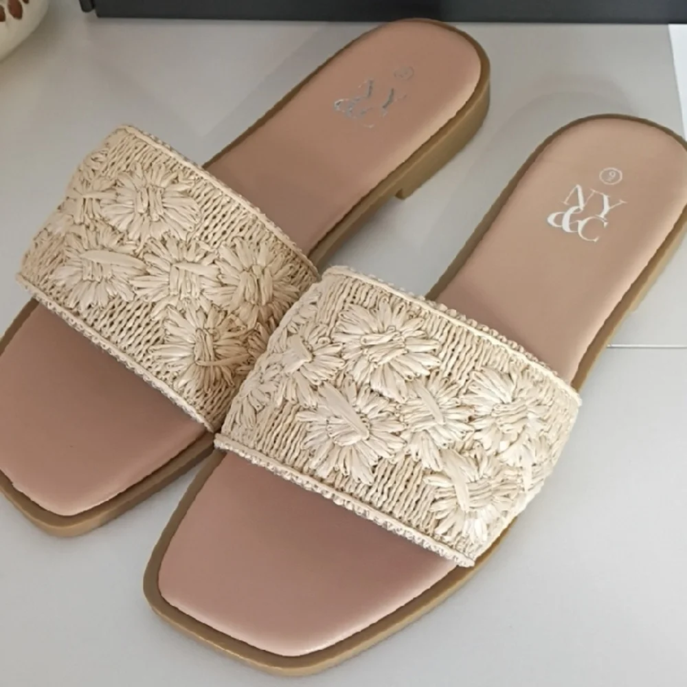 New York & Company Women's 9  Tan Slide Sandals Single Band Stich Flat Sandal - Picture 3 of 8